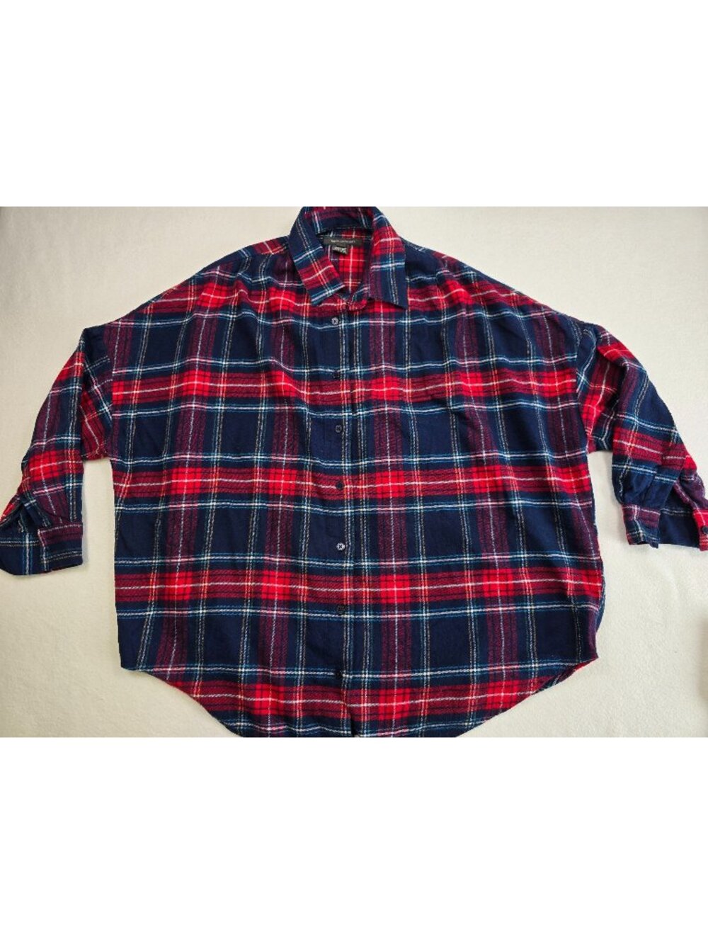 French Connection Red & Blue Plaid Flannel Shirt Medium Dolman Sleeves Oversized